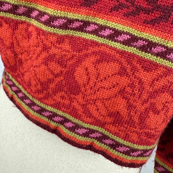 Oleana Norwegian Story Sweater M/L Red Orange Floral Wool Cropped Cardigan - Picture 6 of 13
